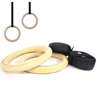 FSG28063 Coppia di Anelli da Ginnastica in Legno, Crossfit, Fitness, Allenamento Funzionale con Cinghie Regolabili e Fibbie | Wooden Rings per Esercizi in Sospensione