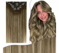Fshine Capelli Dritti 24 Pollici 150G Clip in Extension 7 Pezzi Dei Capelli Umani Reale Balayage Castano Medio con Biondo Miele e Marrone Medio Clip 4/27/4