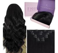 Fshine Extension a clip in capelli veri, naturali, nere, per principianti, extension con clip, 40 cm, 120 g, colore 1B