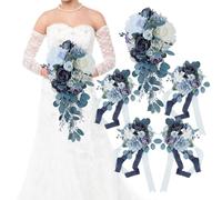 Fsslower Bouquet da sposa per sposa, set da 5, bouquet di fiori artificiali per damigella d'onore, bouquet da sposa, cerimonia nuziale, anniversario (blu polvere)