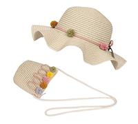 FT-SHOP Cappello da Sole per Ragazze Cappello di Paglia Cappello da Spiaggia Estivo e Mini Set di Borse con Decorativo Fiori per Vacanze attività All'aperto