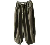 FTCayanz Pantaloni da donna larghi, pantaloni harem, estivi, in cotone, con tasche, verde militare, L