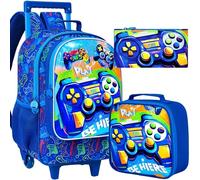 FTJCF Set di 3 zaini per ragazze e ragazzi, borsa a rotelle per bambini con ruote, set di borse per la scuola elementare, Giocatore Blu, Taglia unica