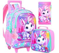 FTJCF Set di 3 zaini per ragazze, set di borse per libri a rotelle per bambini, per elementari, con sirena, unicorno, borsa da scuola con ruote, Coniglio Rosa, Taglia unica