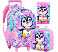 FTJCF Set di 3 zaini per ragazze, set di borse per libri a rotelle per bambini, per elementari, con sirena, unicorno, borsa da scuola con ruote, Rosa pinguino, Taglia unica