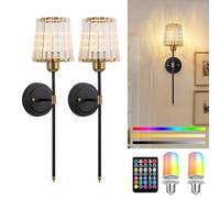 FTL 2 Pezzi Applique da Parete Interno Ricaricabile USB, Nero Lampada da Parete Senza fili in Cristallo, Vintage Lampade Senza Corrente Dimmerabile con Telecomando, Luci LED a Batteria per Camera