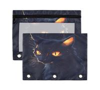 Fuauuyl Astuccio per matite a 3 anelli, con finestrella trasparente, con cerniera, motivo: gatto nero nel buio, confezione da 2