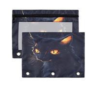 Fuauuyl Astuccio per matite a 3 anelli, con finestrella trasparente, con cerniera, motivo: gatto nero nel buio, confezione da 2