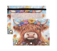Fuauuyl Astuccio per raccoglitori a 3 anelli, motivo mucca delle Highland con fiori e finestrella trasparente, per raccoglitori, con cerniera, confezione da 2