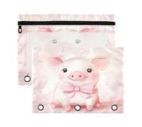 Fuauuyl Pig with A Lovely Bow Pencil Pouch per raccoglitore a 3 anelli, astuccio trasparente con finestra per raccoglitore, astucci con cerniera, confezione da 2