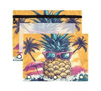Fuauuyl Summer Ananas (2) Astuccio per raccoglitori a 3 anelli, astuccio trasparente con finestra per raccoglitore, astuccio con cerniera, confezione da 2