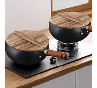 FUBESK Pentola wok piccola in ghisa con coperchio in legno, diametro 24 cm, per cucinare a casa, friggere e stufare, compatibile con la maggior parte delle stufe