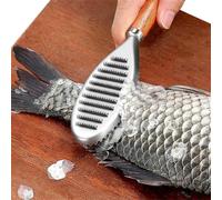 FUBESK Strumento per rimuovere le squame di pesce in acciaio inox con manico in legno, per una scala efficiente e senza disordine, design ergonomico antiscivolo, scanalature antischizzi, 21,5 x 4,4 cm