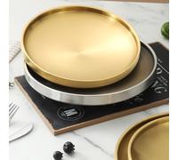 FUBESK Vassoio rotondo a doppio strato in acciaio inox dorato per servire frutta, dessert e tè pomeridiano, fondo antiscivolo con finitura spazzolata, 17/19/21/23 cm