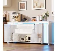 FUCMKON Credenza bianca lucida, credenza moderna, bianca lucida con LED, armadio da cucina con 2 cassetti, 4 porte, per sala da pranzo, soggiorno, cucina (bianco A, 160 x 35 x 75 cm)