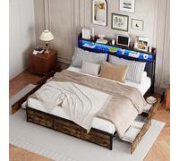 FUCMKON Letto in metallo 140 x 200 cm, con 4 cassetti, testiera con vano portaoggetti e LED, letto imbottito, letto matrimoniale, vano portaoggetti, telaio letto, rete a doghe, in poliuretano, senza