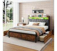 FUCMKON Letto in metallo 140 x 200 cm, con 4 cassetti, testiera con vano portaoggetti e presa LED e USB, letto matrimoniale, letto per ragazzi, rete a doghe, in poliuretano, senza materasso (nero B