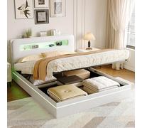 FUCMKON Letto matrimoniale imbottito 140 x 200, testiera con illuminazione a LED e spazio di archiviazione, letto idraulico, letto per ragazzi, struttura del letto con rete a doghe, velluto, beige