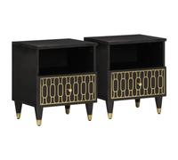 FUDUGEHMIOFWFJJ Comodini 2pz 40x33x46 cm in Legno Massello di Mango, Nightstand with Drawer and Shelf, Retro Bedroom Furniture, Hand Carved Floral Design, Black Finish with Iron Legs