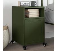 FUDUGEHMIOFWFJJ Comodino Verde Oliva Steel Nightstand with Wheels and Handle, 36x39x59 cm Bedside Table with Storage Shelf for Living Room Bedroom, Cold Rolled Steel Furniture with Olive Green Finish