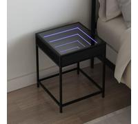 FUDUGEHMIOFWFJJ LED Infinity Nightstand with RGB Lights, Modern Bedside Table with Mirror, Industrial Style End Table with USB Charging, Black Multilayer Wood Furniture for Bedroom Living Room