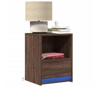 FUDUGEHMIOFWFJJ LED Nightstand with RGB Lights, Brown Oak Multilayer Wood Bedside Table with USB Port, Modern Bedroom Furniture with Storage Drawer and Wall Mount