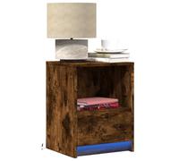 FUDUGEHMIOFWFJJ LED Nightstand with RGB Lights, Multilayer Wood Bedside Table with Drawer Storage, Modern Smoke Oak Finish for Bedroom Living Room Decor
