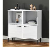 FUDUGEHMIOFWFJJ Libreria Oslo in Legno Massello con Gambe Metallo Bianco 90x35x90,5 cm - Rustic Wooden Bookcase with 4 Shelves 2 Doors for Living Room & Office Storage