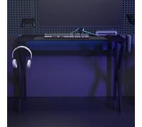 FUDUGEHMIOFWFJJ Scrivania da Gaming Professionale Nera con Gambe a K, 110x60x75 cm, Ampio Piano di Lavoro, Supporto per Cuffie e Controller, Portabicchieri, Design Ergonomico per PC e Console