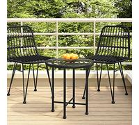 FUDUGEHMIOFWFJJ Tavolo da Pranzo Nero Ø50 cm con Piano in Vetro Temperato, Struttura in Acciaio e Rattan PE, Tavolo Bistrò per Giardino, Patio, Balcone, Design Moderno e Resistente agli UV