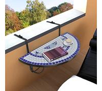 FUDUGEHMIOFWFJJ Tavolo Sospeso da Balcone Blu e Bianco con Mosaico, Tavolino da Caffè Semicircolare in Ferro Ceramica, Piegevole per Ringhiere fino a 18 cm, Elegante e Pratico per Esterno