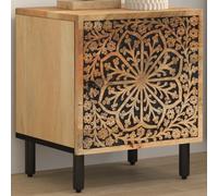 FUDUGEHMIOFWFJJ Vintage Nightstand with Hand Carved Floral Design, Solid Mango Wood Bedside Table 40x33x46 cm for Bedroom Decor, Storage Cabinet with Stable Shelf and Iron Legs