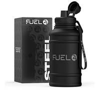 Fuel24 Borraccia in metallo nero da 1,3 l/2,2 l, resistente, a prova di perdite e a prova di perdite, senza BPA, 2 L e 1 L, in acciaio inox (1 litro), grande bottiglia da palestra da uomo, borraccia