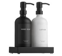 FUELIX Moderno Distributore di Sapone in Vetro Distributori di Detersivo Vintage per Cucina, 17Oz/500Ml Set da Bagno con Vassoio, Dispenser Doccia Distributore di Detersivo B