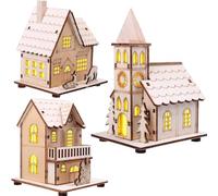 Fufre led - Casette di Natale in legno con luci, casetta di Natale in miniatura con luci, decorazione da tavola per le festività natalizie, decorazioni a sospensione per l'albero di Natale (3 pezzi)