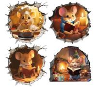 fufuquare 3D Adesivi da Parete Tana del Topo dei Cartoni Animati Buccia e Bastone, 4 Modelli di Topolini Chef Topolini in un Buco Adesivi Murali per lo Studio, il Soggiorno, la Cucina