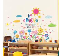 Fufuquare Adesivi da Parete DIY di Fiori Colorati con Animali Cartone Animato Adorabili Adesivi Murali in Vinile con Sole Nuvole e Stelle per la Stanza per Bambini il Bagno e la Classe