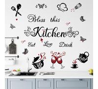 FUFUQUARE Adesivi Murali da Cucina Nero Benedire Questa Decalcomania da Parete da Cucina Farfalla Mangiare Amore Bere Citazione Utensile Decorazioni Artistiche