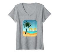 Fuga di Vacanza in Paradiso Tropicale di Palm Beach Maglietta con Collo a V, Donna, Grigio Melange, XL