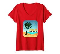 Fuga di Vacanza in Paradiso Tropicale di Palm Beach Maglietta con Collo a V, Donna, Rosso, L