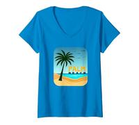 Fuga di Vacanza in Paradiso Tropicale di Palm Beach Maglietta con Collo a V, Donna, Zaffiro, XL