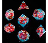 FugaCity 7-Piece Resin Polyhedral D&D Dice Set with Gift Case (Red Flower & Blue, Standard Size)