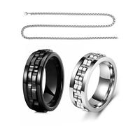 FUGLUS 2 Pezzi Anello Acciaio Inossidabile Uomo ruotabile Ruota Argento e Nero promessa Diametro 19 mm Circonferenza 60 mm Con catenina