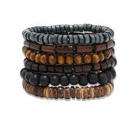 FUGLUS 6 Pezzi Braccialetto di Perline da Uomo Vintage Multistrato Bracciale Elastico di Perline di Legno 19cm Braccialetto di Perle Staccabile Braccialetto Gotico Regolabile da Donna Uomo-A