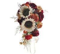 Fuhjythy Bouquet da Sposa Vintage Girasole da Sposa per Sposa Bouquet da Sposa con Cascata di Rose Bordeaux Artificiale per La Chiesa
