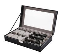 Fuhjythy Scatola Porta Occhiali da Sole In Pelle PU con 6 Scomparti per Occhiali e 3 Scomparti per Orologi, Antipolvere, 2 In 1