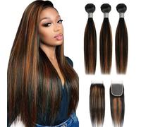 FUIBEJAE #1b/30 Bundles Ombre Loose Deep Straight Human Hair Bundles Brown And Black Straight 3Bundles Brazilian Remy Hair 4X4 Parte Libera Chiusura In Pizzo per le donne nere,18 20 22+18 inch