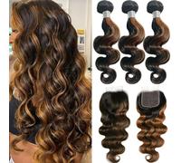 FUIBEJAE 1B/30 Ombre Pacchi di Capelli Mossi Allentati con Chiusura Capelli Umani Remy Vergini Brasiliani Non Trattati 3 Pacchi con Chiusura in Pizzo Trasparente 4X4 Parte Libera,12 14 16+12 inch