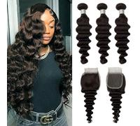 FUIBEJAE #2 Marrone Bundles di Capelli Umani Mossi Profondi Allentati 3 Bundles con Chiusura in Pizzo 4X4 Part Libera Capelli Vergini Brasiliani Mossi Profondi Bundles di Capelli,20 22 24+20free