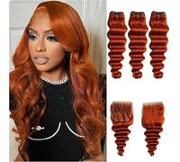 FUIBEJAE #350 Arancione Ombre Pacchi Mossi Profondi Sciolti con Chiusura Capelli Umani Vergini Brasiliani Remy Non Trattati 3 Pacchi con Chiusura in Pizzo Trasparente 4X4 Partizione,12 14 16+12 inch